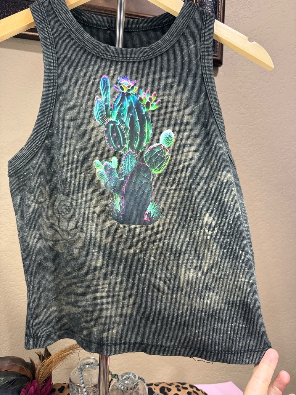 Women's acid Washed Ribbed Tank Top - Charcoal, w/ cactus graphic design